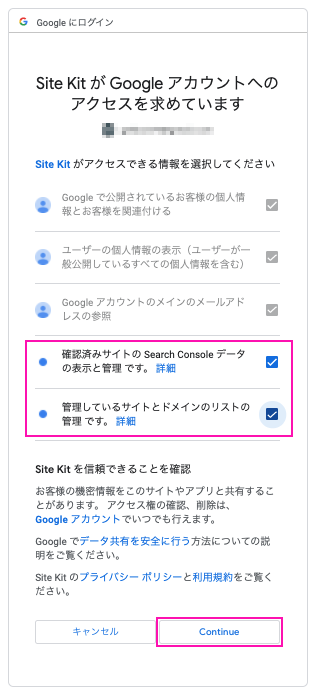 許可する項目にチェックを入れてContinueボタンを押します
