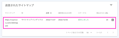 送信したサイトマップのステータスの表示