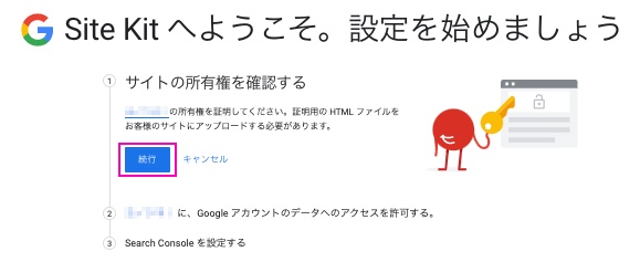 サイトの所有者を確認するために続行ボタンを押します